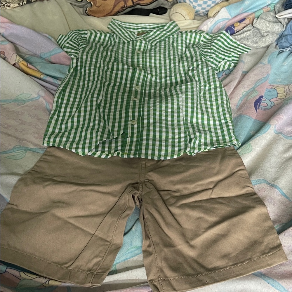 Kids Green Gingham Shirt & Tan Shorts Matching Set